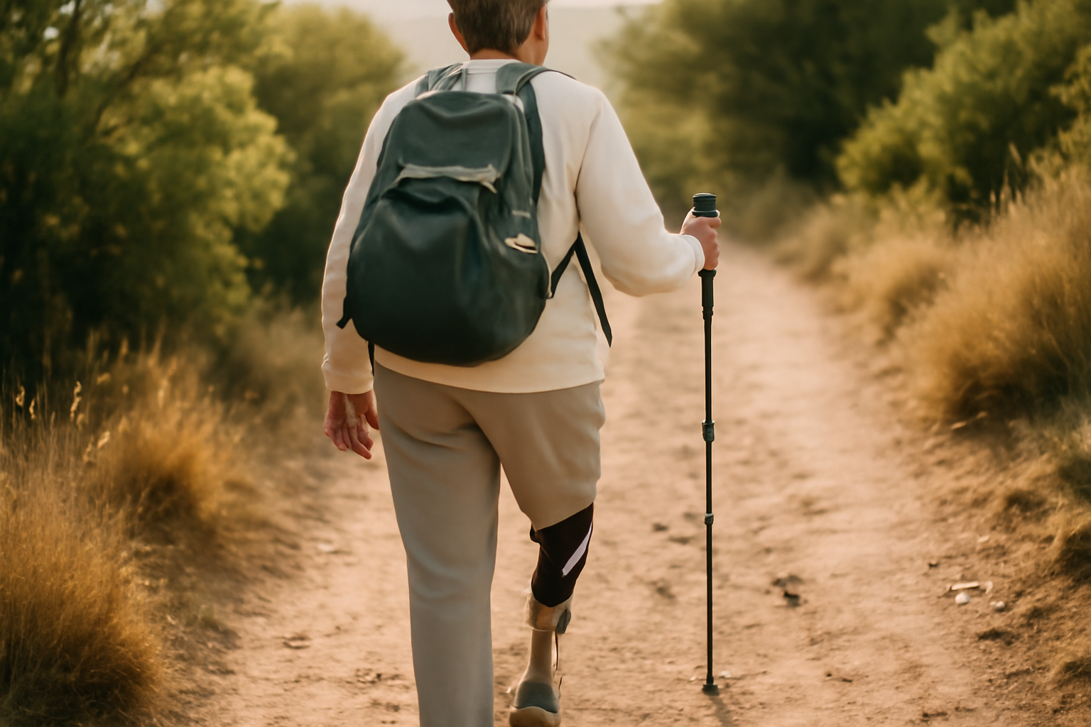 Senderista con bastones y prótesis de rodilla